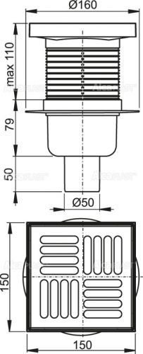 APV6411 Сливной трап 150 × 150/50, подводка – прямая, решетка – нержавеющая сталь, гидрозатвор – мокрый Alca Plast в Анапе