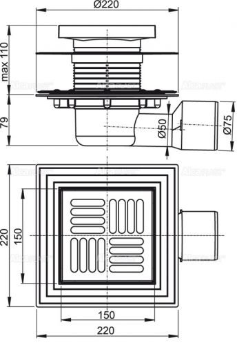 APV3444 Сливной трап 150 × 150/50/75, подводка – боковая, решетка – нержавеющая сталь, фланец –нерж сталь Alca Plast в Анапе
